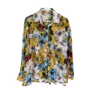 POL Floral Button Down Shirt Yellow Multicolor Oversized Blouse Size L